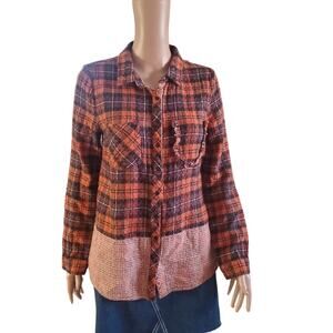 Anthropologie White Crow Size M Fall Orange Plaid Boho Festival Cotton Flannel